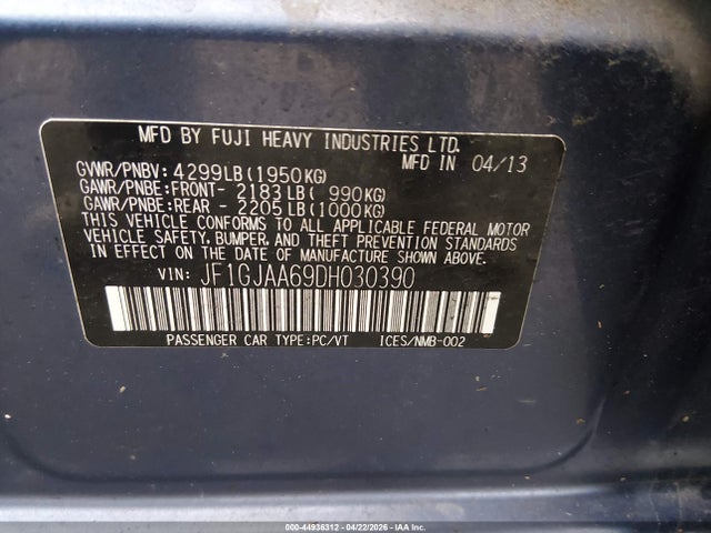 2013 Subaru Impreza 2.0i მანქანა იყიდება აუქციონზე, vin: JF1GJAA69DH030390, აუქციონის ნომერი: 44936312