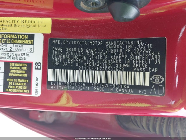 Продажа на аукционе авто 2010 Toyota Corolla Le, vin: 2T1BU4EE2AC533628, номер лота: 44936315