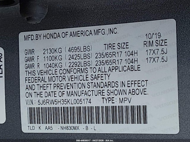 5J6RW5H35KL005174 Honda CR-V LX