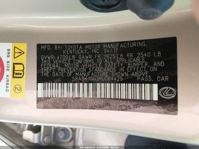 Продаж на аукціоні авто 2017 Lexus Es 350, vin: 58ABK1GG3HU064425, номер лоту: 44936322