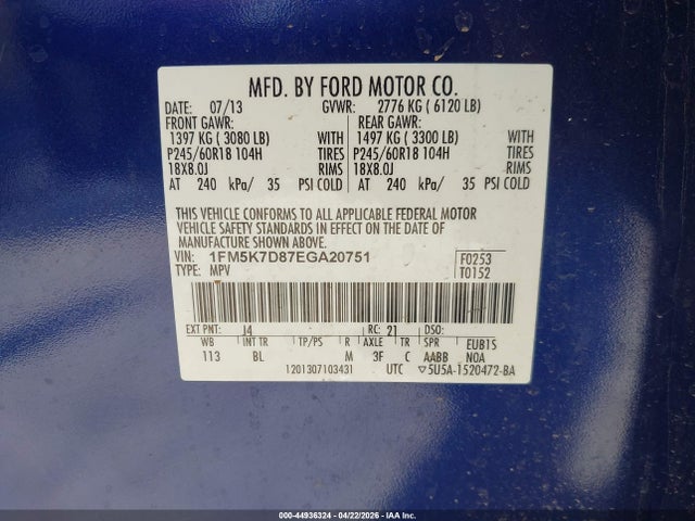 2014 Ford Explorer Xlt მანქანა იყიდება აუქციონზე, vin: 1FM5K7D87EGA20751, აუქციონის ნომერი: 44936324
