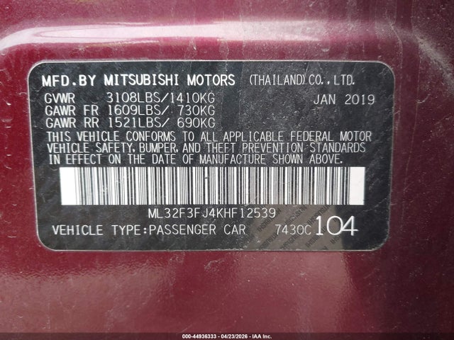 44936333 :رقم المزاد ، ML32F3FJ4KHF12539 vin ، 2019 Mitsubishi Mirage G4 Rf مزاد بيع