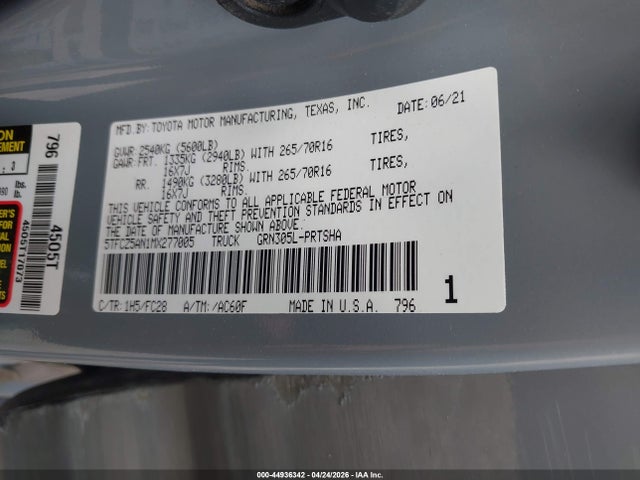 2021 Toyota Tacoma Sr5 V6 მანქანა იყიდება აუქციონზე, vin: 5TFCZ5AN1MX277005, აუქციონის ნომერი: 44936342