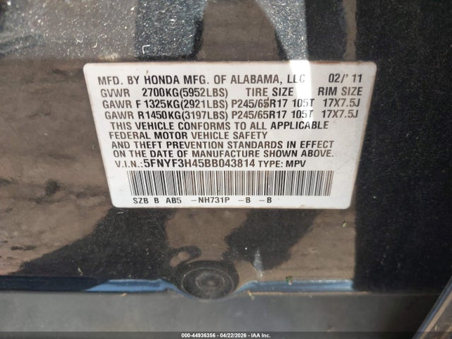 Aukcja sprzedaży 2011 Honda Pilot Ex, vin: 5FNYF3H45BB043814, numer aukcji: 44936356
