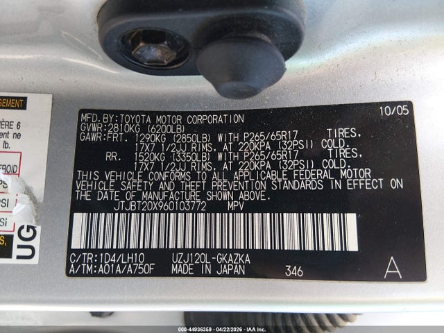 Aukcja sprzedaży 2006 Lexus Gx 470, vin: JTJBT20X960103772, numer aukcji: 44936359