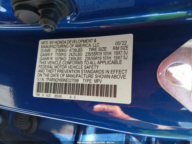 44936363 :رقم المزاد ، 7FARW2H99NE027098 vin ، 2022 Honda Cr-v Awd Touring مزاد بيع