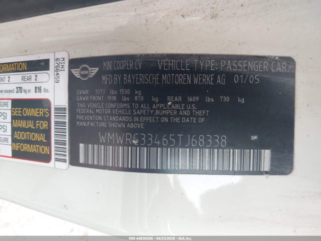 Продажа на аукционе авто 2005 Mini Cooper, vin: WMWRC33465TJ68338, номер лота: 44936366