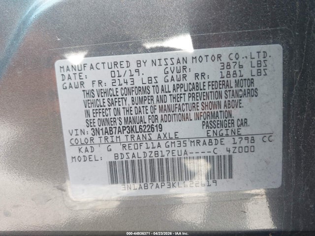 3N1AB7AP3KL622619 Nissan SENTRA SV