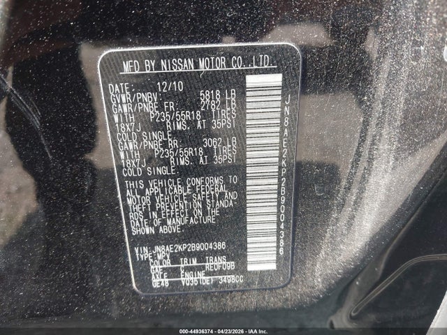 2011 Nissan Quest Sl მანქანა იყიდება აუქციონზე, vin: JN8AE2KP2B9004386, აუქციონის ნომერი: 44936374
