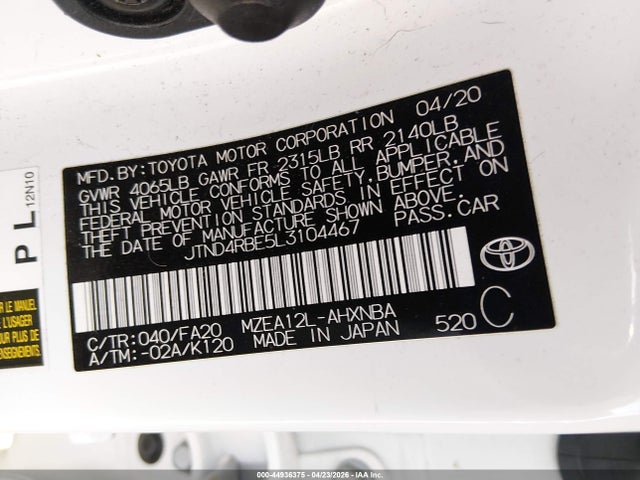 Продаж на аукціоні авто 2020 Toyota Corolla Se, vin: JTND4RBE5L3104467, номер лоту: 44936375