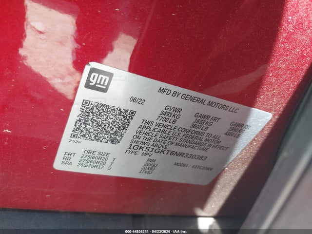 44936381 :رقم المزاد ، 1GKS1GKT6NR330383 vin ، 2022 Gmc Yukon Xl 2wd Slt مزاد بيع