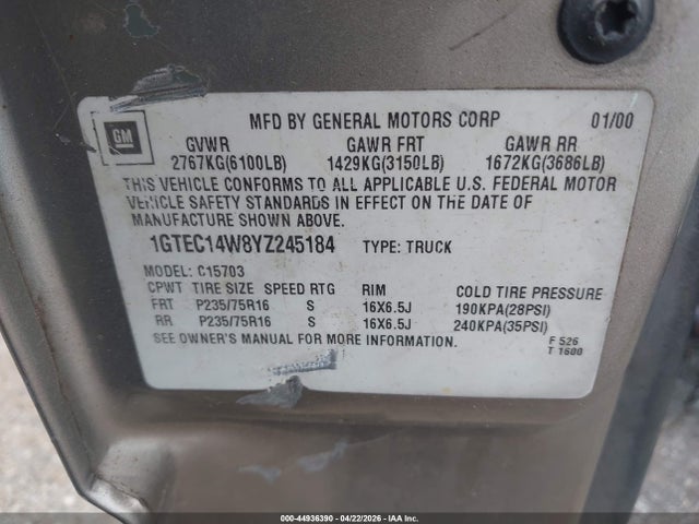 Aukcja sprzedaży 2000 Gmc Sierra 1500 Sl, vin: 1GTEC14W8YZ245184, numer aukcji: 44936390