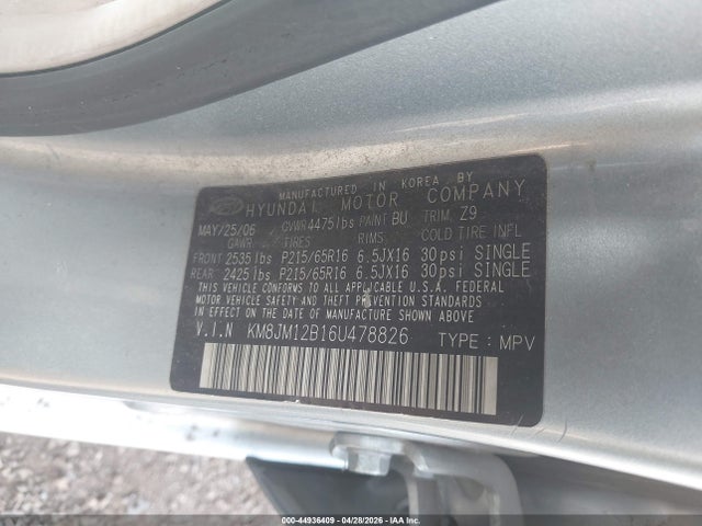 Продаж на аукціоні авто 2006 Hyundai Tucson Gl, vin: KM8JM12B16U478826, номер лоту: 44936409