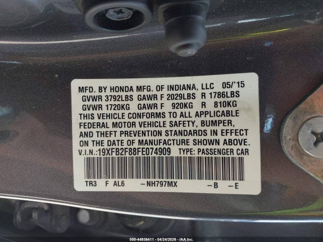 2015 Honda Civic Ex მანქანა იყიდება აუქციონზე, vin: 19XFB2F88FE074909, აუქციონის ნომერი: 44936411