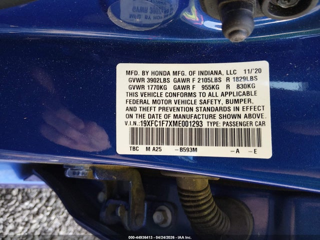 Aukcja sprzedaży 2021 Honda Civic Ex-l, vin: 19XFC1F7XME001293, numer aukcji: 44936413