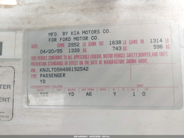 Продаж на аукціоні авто 1995 Ford Aspire, vin: KNJLT05H4S6152542, номер лоту: 44936441