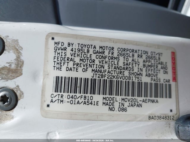 44936448 :رقم المزاد ، JT2BF22K6V0081751 vin ، 1997 Toyota Camry Le V6/xle V6 مزاد بيع