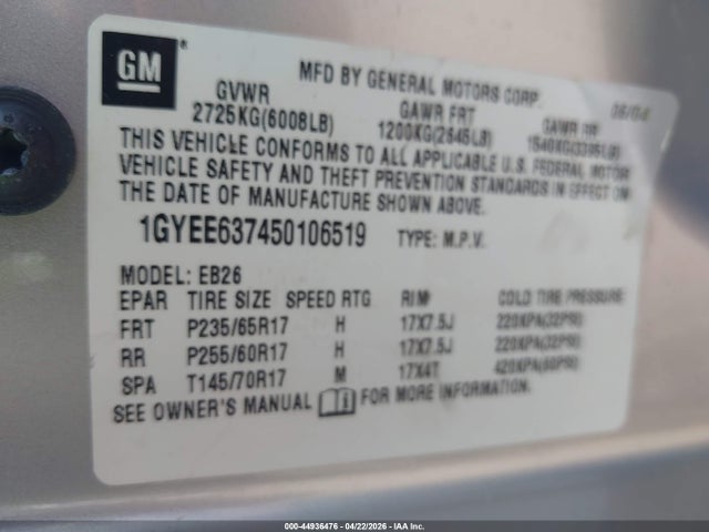 Aukcja sprzedaży 2005 Cadillac Srx V6, vin: 1GYEE637450106519, numer aukcji: 44936476