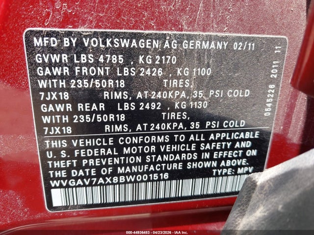 Продаж на аукціоні авто 2011 Volkswagen Tiguan Se, vin: WVGAV7AX8BW001516, номер лоту: 44936483