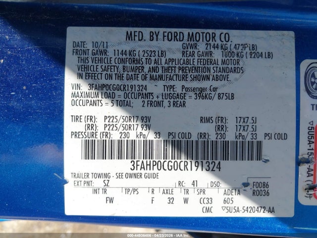 Продаж на аукціоні авто 2012 Ford Fusion Sel, vin: 3FAHP0CG0CR191324, номер лоту: 44936486