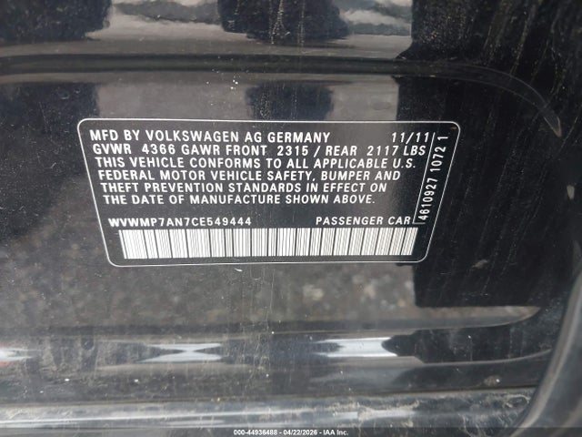 44936488 :رقم المزاد ، WVWMP7AN7CE549444 vin ، 2012 Volkswagen Cc R-line مزاد بيع