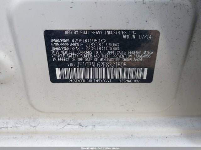 Auction sale of the 2014 Subaru Impreza 2.0i Sport Premium, vin: JF1GPAL62E8321505, lot number: 44936496