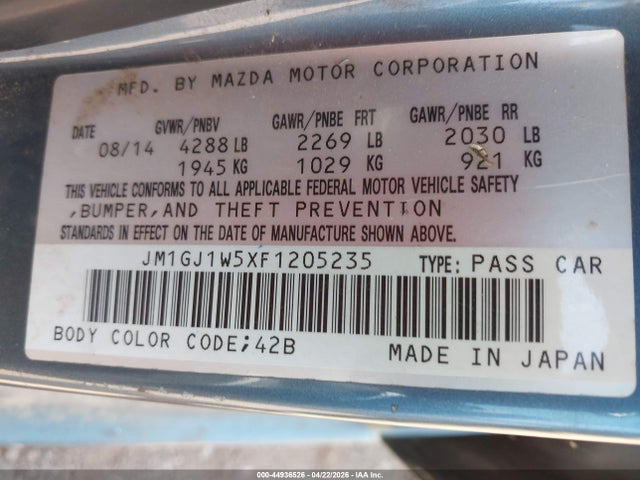 44936526 :رقم المزاد ، JM1GJ1W5XF1205235 vin ، 2015 Mazda Mazda6 I Grand Touring مزاد بيع
