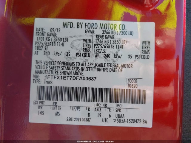 44936525 :رقم المزاد ، 1FTFX1ET7DFA03687 vin ، 2013 Ford F-150 Xlt مزاد بيع