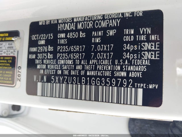 Aukcja sprzedaży 2016 Hyundai Santa Fe Sport 2.4l, vin: 5XYZU3LB1GG359792, numer aukcji: 44936533