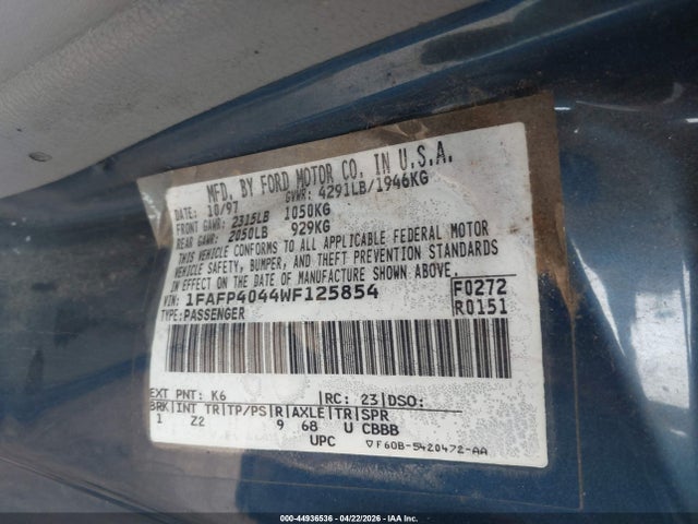 Продаж на аукціоні авто 1998 Ford Mustang, vin: 1FAFP4044WF125854, номер лоту: 44936536