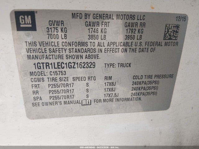 44936548 :رقم المزاد ، 1GTR1LEC1GZ162329 vin ، 2016 Gmc Sierra 1500 مزاد بيع