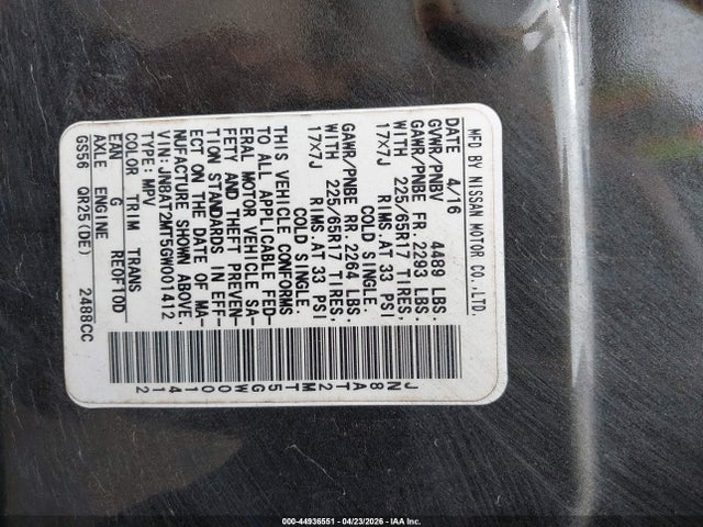 44936551 :رقم المزاد ، JN8AT2MT5GW001412 vin ، 2016 Nissan Rogue S مزاد بيع