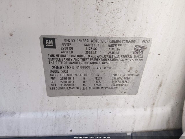 Продажа на аукционе авто 2018 Chevrolet Equinox Lt, vin: 2GNAXTEX4J6169686, номер лота: 44936554
