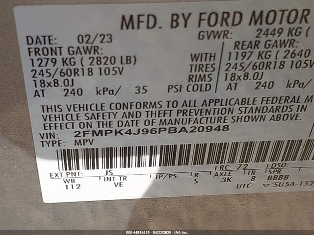 44936555 :رقم المزاد ، 2FMPK4J96PBA20948 vin ، 2023 Ford Edge Sel مزاد بيع
