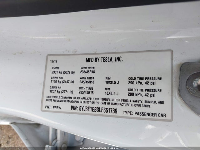 Продажа на аукционе авто 2020 Tesla Model 3 Long Range Dual Motor All-wheel Drive, vin: 5YJ3E1EB3LF651739, номер лота: 44936556