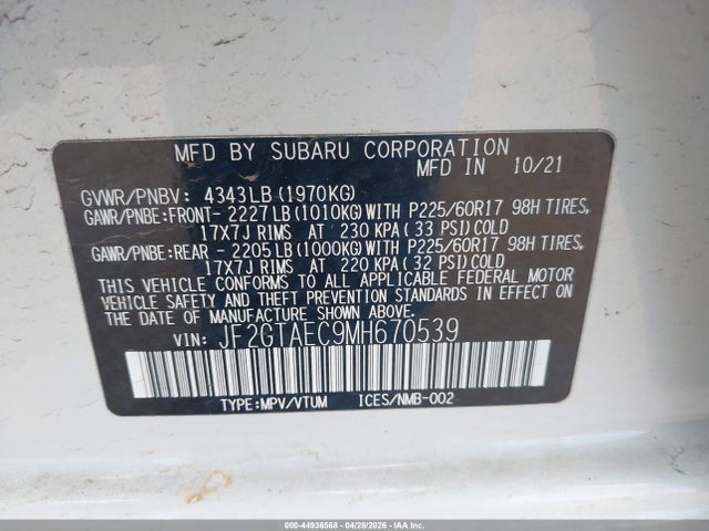 Продажа на аукционе авто 2021 Subaru Crosstrek Premium, vin: JF2GTAEC9MH670539, номер лота: 44936568