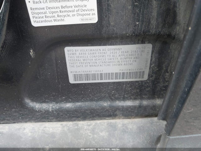 44936570 :رقم المزاد ، WVWJK7AN8AE138567 vin ، 2010 Volkswagen Passat Komfort مزاد بيع