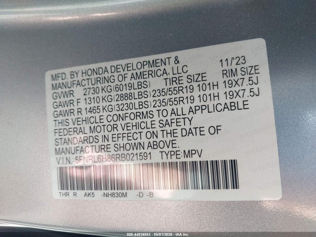 44936583 :رقم المزاد ، 5FNRL6H86RB021591 vin ، 2024 Honda Odyssey Touring مزاد بيع