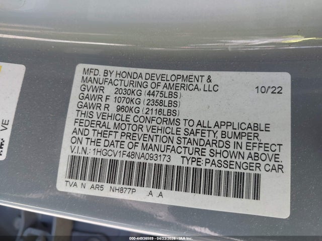 44936589 :رقم المزاد ، 1HGCV1F48NA093173 vin ، 2022 Honda Accord Sport Special Edition مزاد بيع