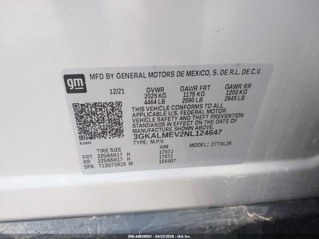 Продаж на аукціоні авто 2022 Gmc Terrain Fwd Sle, vin: 3GKALMEV2NL124647, номер лоту: 44936591
