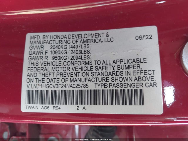 1HGCV3F24NA025785 Honda Accord Hybrid Sport