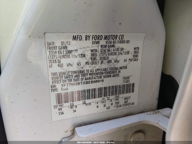2011 Ford F-250 Lariat მანქანა იყიდება აუქციონზე, vin: 1FT7W2BTXBEB98916, აუქციონის ნომერი: 44936599