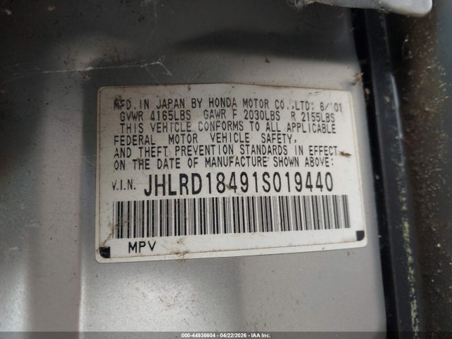 2001 Honda Cr-v Lx მანქანა იყიდება აუქციონზე, vin: JHLRD18491S019440, აუქციონის ნომერი: 44936604