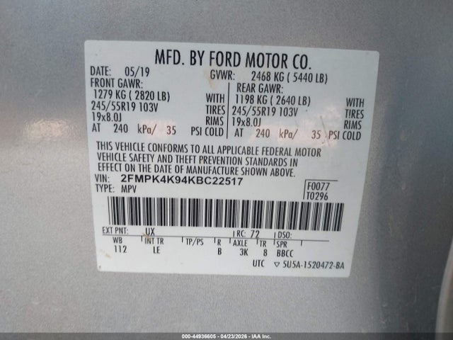 44936605 :رقم المزاد ، 2FMPK4K94KBC22517 vin ، 2019 Ford Edge Titanium مزاد بيع