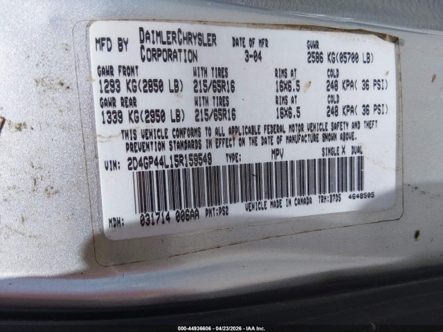 Продажа на аукционе авто 2005 Dodge Grand Caravan Sxt, vin: 2D4GP44L15R159549, номер лота: 44936606