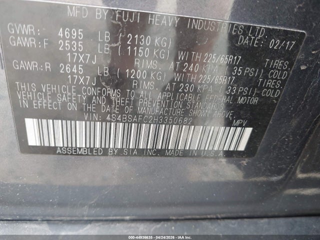 Aukcja sprzedaży 2017 Subaru Outback 2.5i Premium, vin: 4S4BSAFC2H3350682, numer aukcji: 44936635