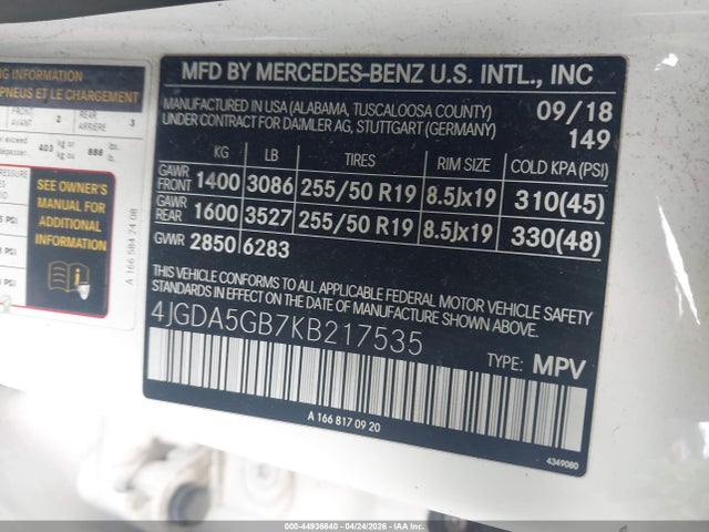 44936640 :رقم المزاد ، 4JGDA5GB7KB217535 vin ، 2019 Mercedes-benz Gle 400 4matic مزاد بيع