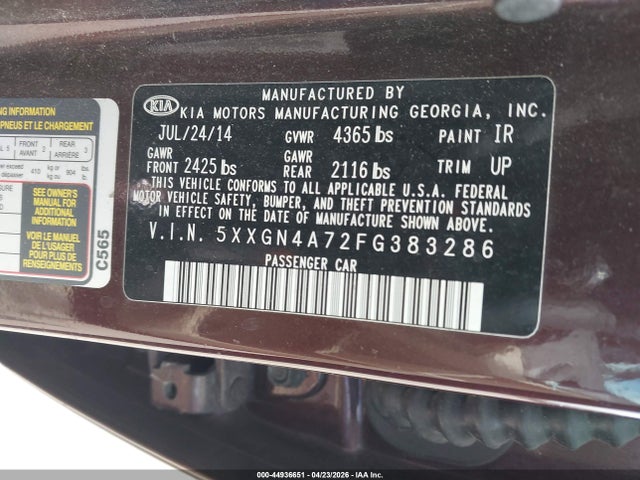 Aukcja sprzedaży 2015 Kia Optima Ex, vin: 5XXGN4A72FG383286, numer aukcji: 44936651