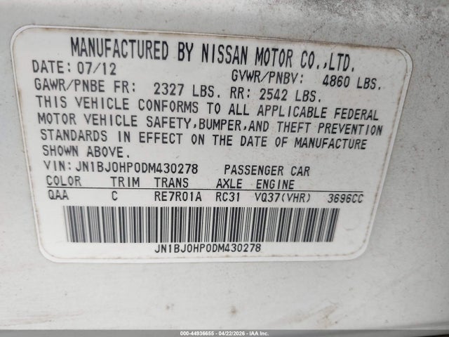 2013 Infiniti Ex37 Journey მანქანა იყიდება აუქციონზე, vin: JN1BJ0HP0DM430278, აუქციონის ნომერი: 44936655
