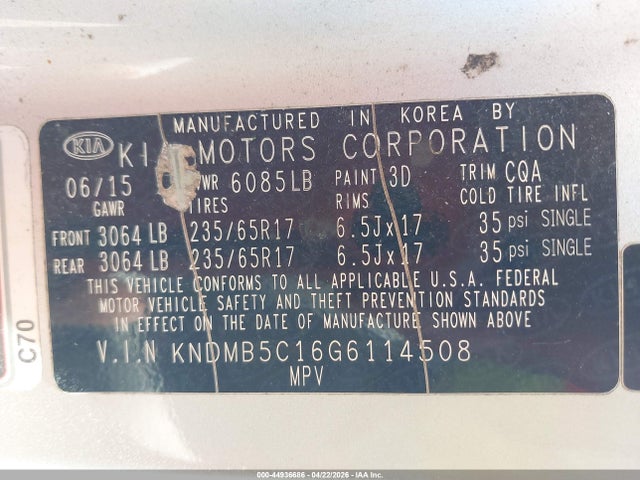 Aukcja sprzedaży 2016 Kia Sedona Lx, vin: KNDMB5C16G6114508, numer aukcji: 44936686